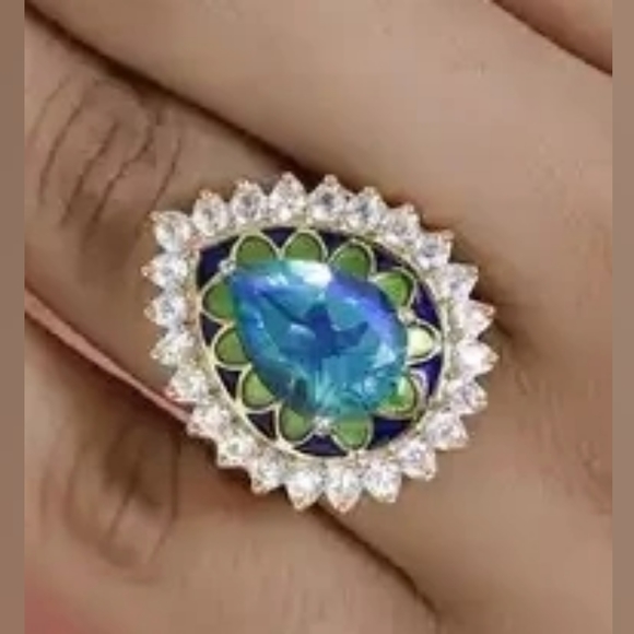 Peacock Quartz Triplet and White Zircon Enameled Halo Ring - Picture 3 of 6